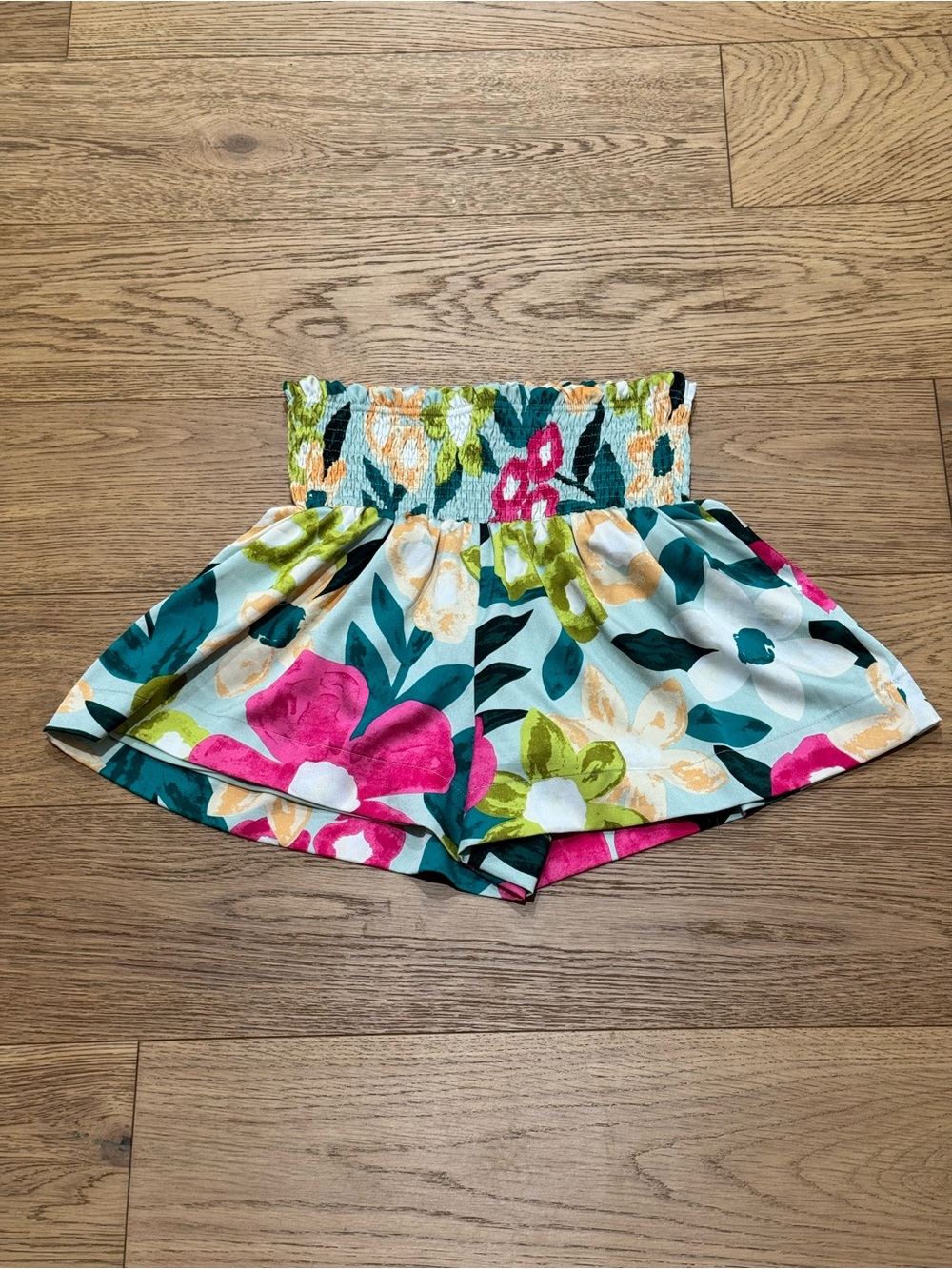 TCEC Boho Colorful Floral Smocked Summer Shorts - Pink, Teal & Green Size S